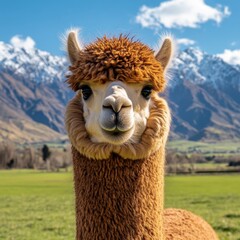 Obraz premium A close-up of a fluffy alpaca with a charming expression, set against a backdrop of majestic mountains and vibrant green fields.