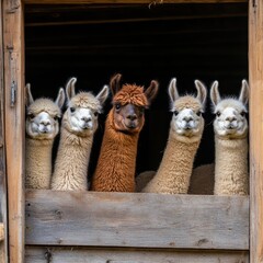 A group of five llamas peering out from a wooden barn, with one distinct brown llama standing out among the white ones.