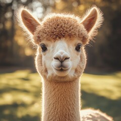 Obraz premium A close-up of a charming alpaca with soft, fluffy fur, set against a blurred natural background, exuding a friendly and playful demeanor.
