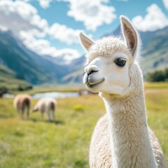 Fototapeta premium A close-up of a curious llama in a vibrant green field, with mountains and clouds in the background, showcasing the beauty of nature.