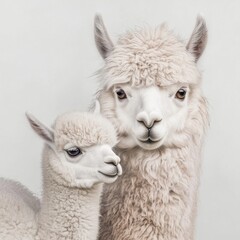 Obraz premium A pair of fluffy white alpacas stand close together, showcasing their soft fur and gentle expressions against a light background.