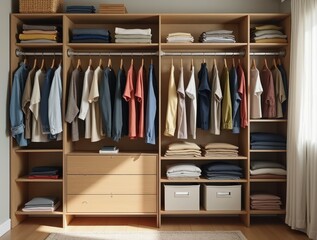 Modern closet with neatly folded clothes and organized storage boxes