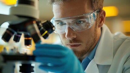 A focused scientist examines a sample under a microscope, wearing protective gear in a laboratory setting.