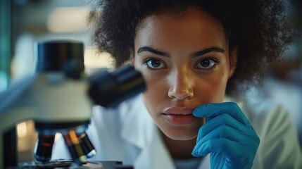 A focused scientist examines samples through a microscope, showcasing curiosity and dedication in a laboratory setting.