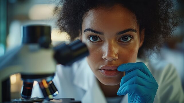A focused scientist examines samples through a microscope, showcasing curiosity and dedication in a laboratory setting.