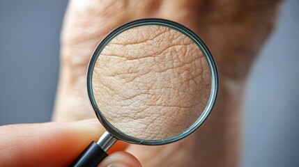 A close-up view of a hand under a magnifying glass, highlighting the intricate details of skin texture and wrinkles.