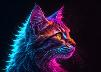 Neon Cat Portrait: Vibrant, Colorful, Futuristic Feline Illustration on Black Background