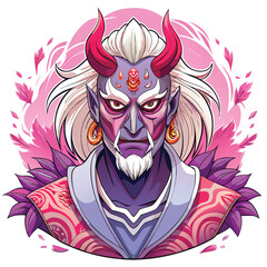 A dramatic portrait of a Kabuki actor, adorned with theatrical demonic horns and striking facial makeup (kumadori), showcasing intense expression.