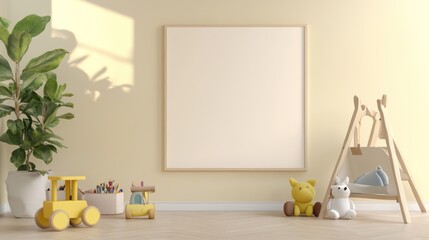 Modern Nursery Room Mockup with Blank Poster and Cute Toys