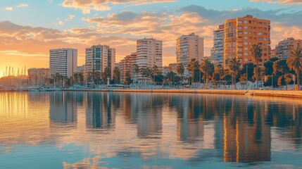 Fototapeta premium Sunset over a coastal city with buildings reflecting in calm waters.