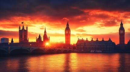 Fototapeta premium Sunset over the iconic skyline of London, featuring Big Ben and the Houses of Parliament.