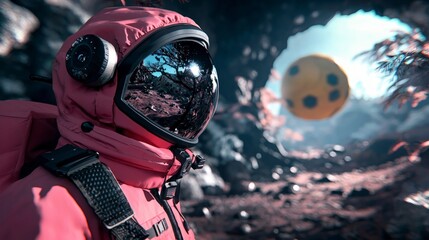 Fototapeta premium Martian Astronaut Pink Spacesuit Red Planet Exploration AI Generated