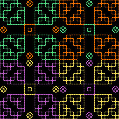 India stitch Kasuti embroidery fabric pattern needle work seamless geometric abstract culture decorative hand drawn tribal asian template printed colorful line artwork black background quilt wallpaper