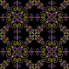 India stitch Kasuti embroidery fabric pattern needle work seamless geometric abstract culture decorative hand drawn tribal asian template printed colorful line artwork black background quilt wallpaper