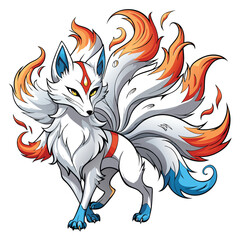 Illustrate a majestic kitsune, a Japanese fox spirit, possessing nine elegantly flowing tails, each uniquely detailed, in a mystical forest setting.