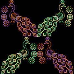 India stitch Kasuti embroidery fabric pattern needle work seamless geometric abstract culture decorative hand drawn tribal asian template printed colorful line artwork black background quilt wallpaper