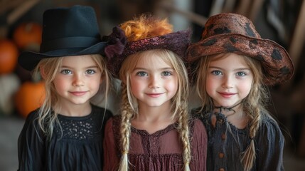 Whimsical trio of charming girls dressed for autumn festivities, Halloween mood, Generated AI