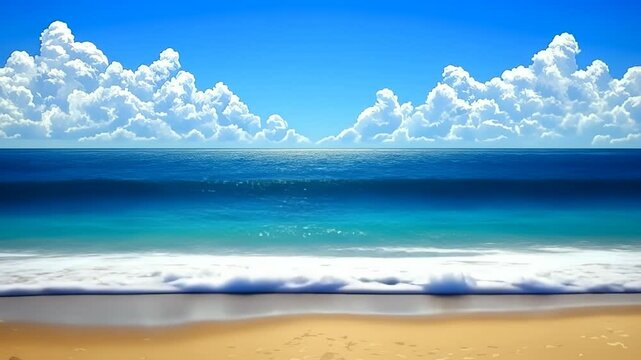 Ocean Waves Crashing on Sandy Beach Under a Sunny Sky