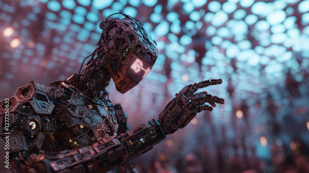 Poster futuristic robot arm in smart factory ai automation industry 4 0