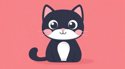 Cute black and white cartoon cat sitting on pink background.