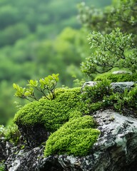 Lush moss and plants on mountain rock face
