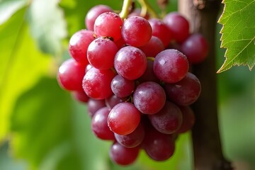 Close Up of Fresh Red Grapes on the Vine with Green Leaves