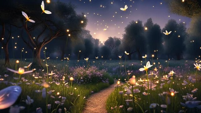 A magical garden at dusk, with glowing fireflies hovering above the flowers and the stars beginning to appear 4K