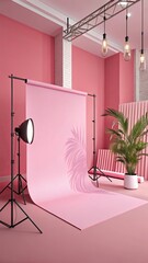 A pink room with a pink backdrop and a green plant