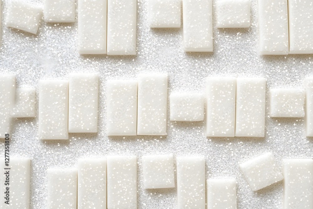 Poster arrangement of white rectangular and square objects on glittery surface
