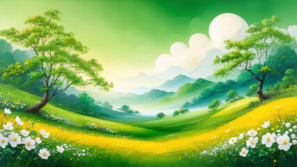 Obraz premium Artistic wallpaper expressing spring, ensemble of colors, green, yellow, white, Generative AI