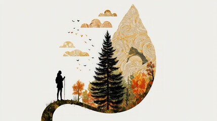 Hiker Silhouette Mountain Peak Journey Success Nature Art Print
