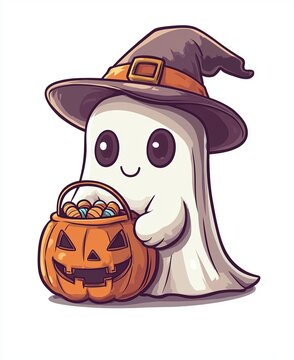 cute ghost wearing witch hat holding pumpkin clip art preview