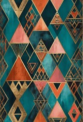 Fototapeta premium Geometric Reverie, A Captivating Teal and Copper Diamond Pattern