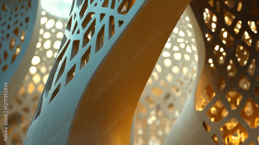 Poster intricate architectural design with modern patterns and light play