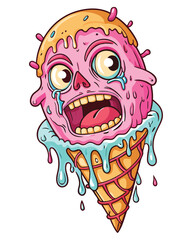 A surreal image of a melting ice cream cone morphing into a screaming face, dripping with melted ice cream.  The expression should be one of comical horror.