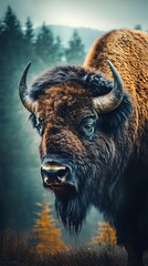 Majestic Bison in Misty Forest