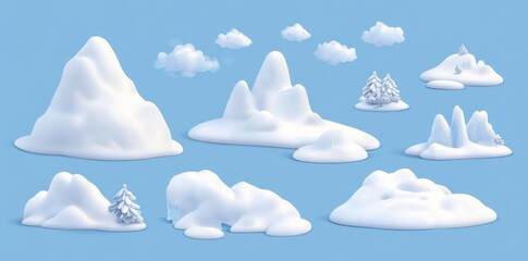 Cartoon Snow-Covered Mountains and Clouds on Light Blue Background