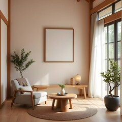 square japandi-style empty frame mockup in modern cozy living room, warm wood furniture, textured walls, soft linen sofa, neutral decor