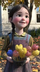 Fototapeta premium Girl holding balloons, autumn yard, smiling, possible use children's book illustration