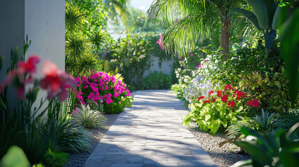 Naklejka premium serene garden path surrounded by vibrant flowers and lush greenery invites tranquility and beauty