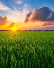 Lush rice paddy sunset landscape