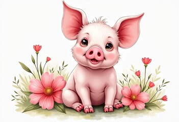 Watercolor Cute Pig Clipart for Baby Card Design: Adorable Piglet Illustration on White Background, Perfect for Baby Shower Invitations, Nursery Decor, and DIY Craft Projects, Whimsical Animal Art for