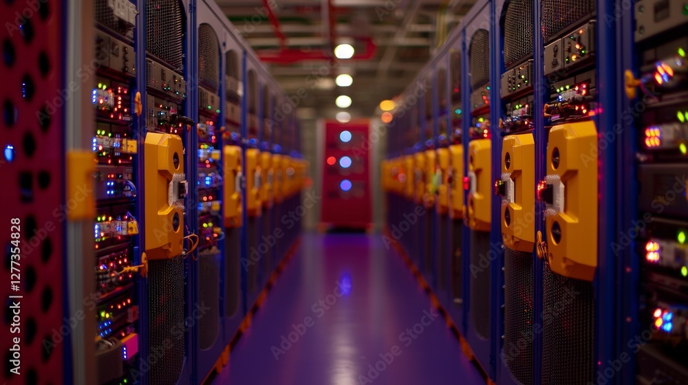 Poster illuminated server room data center technology network infrastructure digital technolog