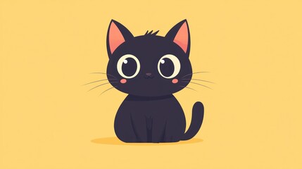 Cute black cartoon cat sitting on a mustard yellow background.
