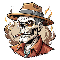 A dapper, grinning skull in a fedora, smoking a large cigar,  set against a darkly lit background.  Detailed rendering, cinematic lighting.
