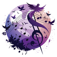 A single musical note transforms into a vibrant flock of birds taking flight, dynamic movement, surrealism, whimsical, detailed.