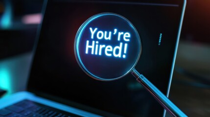 Futuristic digital job search concept with magnifying glass over glowing "You're Hired!" button