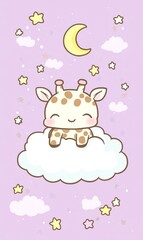 Naklejka premium Cute Baby Giraffe on Cloud Stars Moon Night Sky Dreamy Illustration