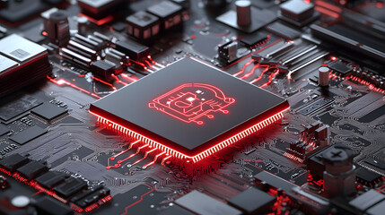 Central Processing Unit: A close-up shot reveals a powerful CPU with glowing red circuitry, symbolizing technological innovation and processing power.