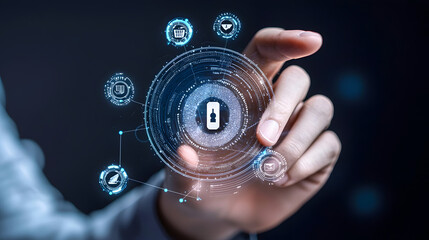 Cyber Security: A hand interacts with a digital interface, unlocking a padlock symbol surrounded by other security icons, representing the concept of cybersecurity, data protection.
